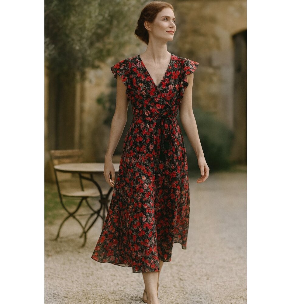J. PETERMAN "Your Weekend Dress" Silk Crinkle Georgette Midi tassel waist Dress